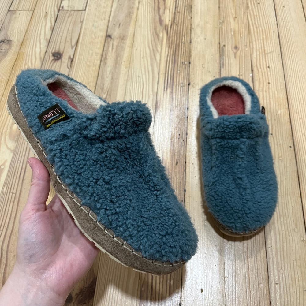 L.L. Bean Sherpa Fleece Clog Slippers Womens 9 Teal Blue Slip On Scuff 514178